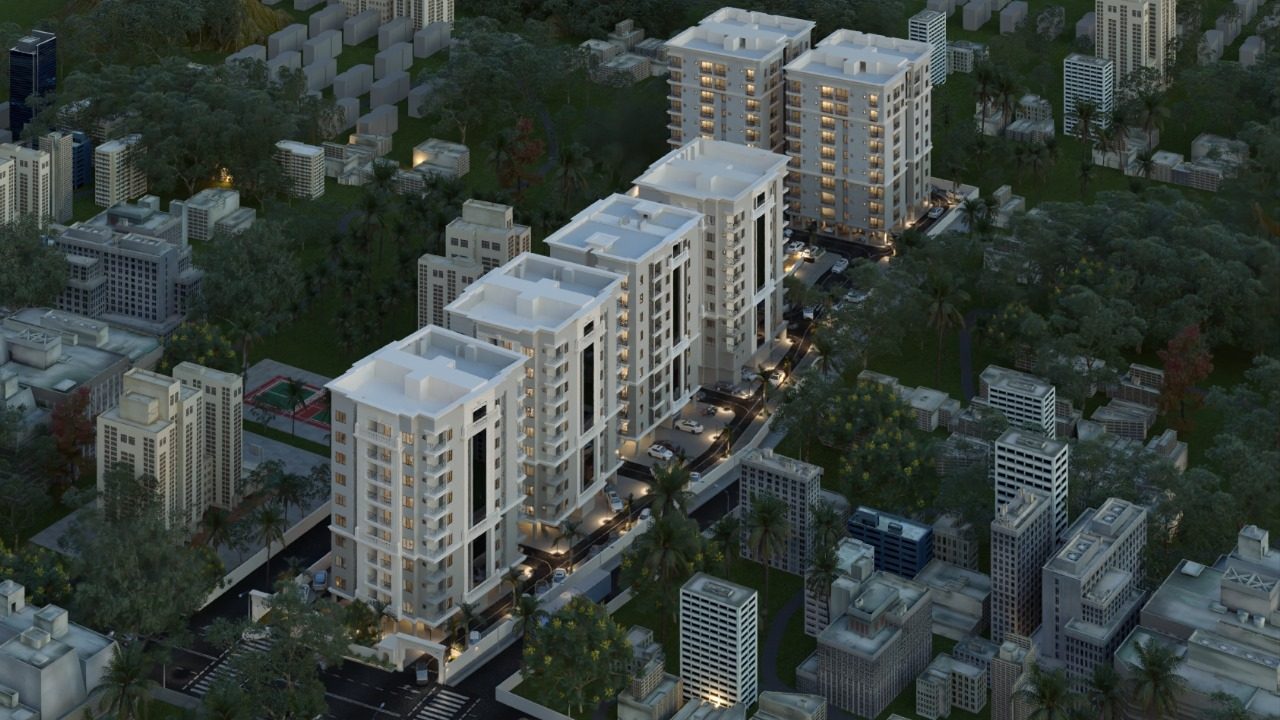 Aerial view of the PSR Onyx Park towers and greens at dusk